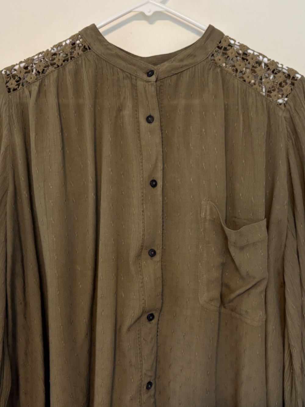 Free People Womens Button-Front The Best Shirt Top Blouse L Green Crochet Lace - Picture 2 of 9